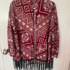 Deep Red and White Geometric Aztec Pattern Sweater with Fringe